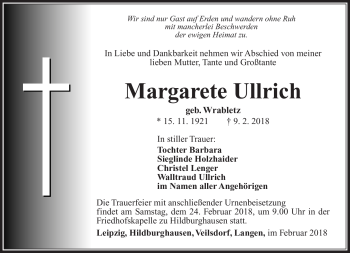 Traueranzeige von Margarete Ullrich von Südthüringer Presse