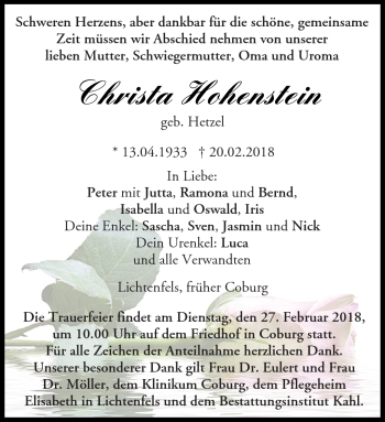 Traueranzeige von Christa Hohenstein von Neue Presse Coburg