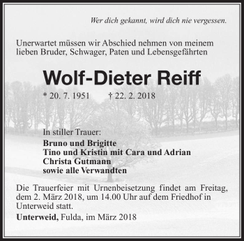 Traueranzeige von Wolf-Dieter Reiff von Südthüringer Presse