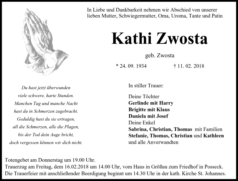  Traueranzeige für Kathi Zwosta vom 14.02.2018 aus Neue Presse Coburg