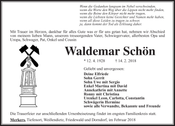Traueranzeige von Waldemar Schön von Südthüringer Presse