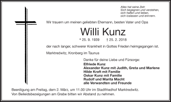 Traueranzeige von Willi Kunz von Frankenpost