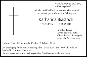 Traueranzeige von Katharina Biastoch von Neue Presse Coburg