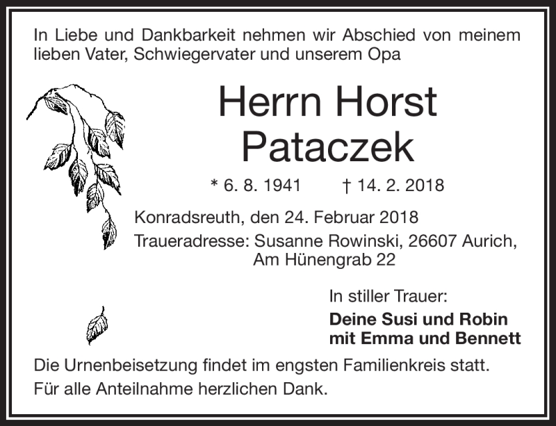  Traueranzeige für Horst Pataczek vom 24.02.2018 aus Frankenpost