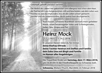 Traueranzeige von Heinz Mock von Südthüringer Presse