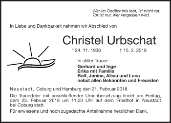 Traueranzeige von Christel Urbschat von Neue Presse Coburg