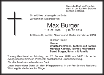 Traueranzeige von Max Burger von Frankenpost