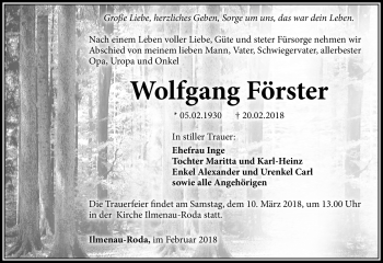 Traueranzeige von Wolfgang Förster von Südthüringer Presse