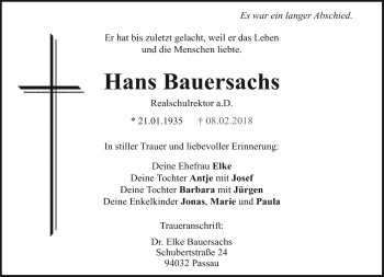 Traueranzeige von Hans Bauersachs von Neue Presse Coburg