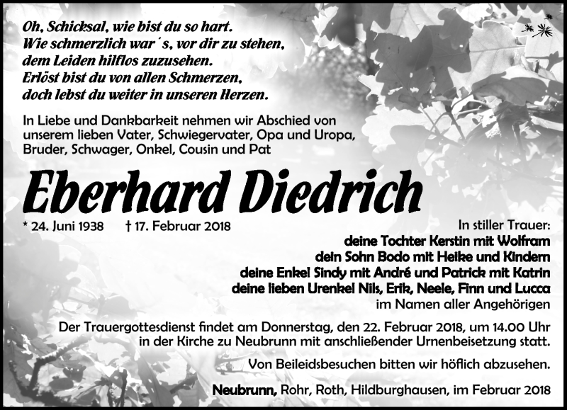  Traueranzeige für Eberhard Dietrich vom 20.02.2018 aus Südthüringer Presse
