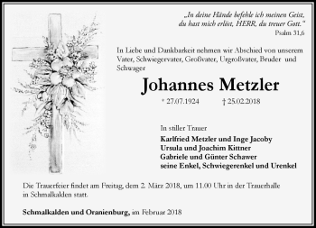 Traueranzeige von Johannes Metzler von Südthüringer Presse
