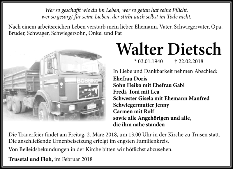  Traueranzeige für Walter Dietsch vom 28.02.2018 aus Südthüringer Presse