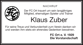 Traueranzeige von Klaus Zuber von Frankenpost