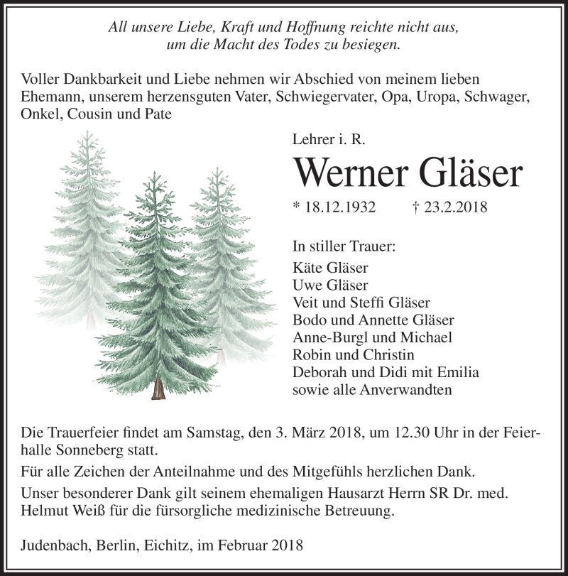  Traueranzeige für Werner Gläser vom 28.02.2018 aus Südthüringer Presse