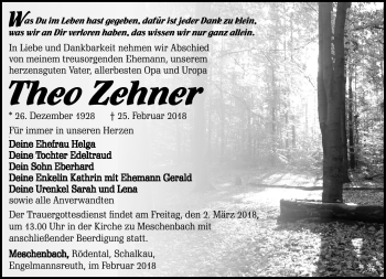 Traueranzeige von Theo Zehner von Südthüringer Presse