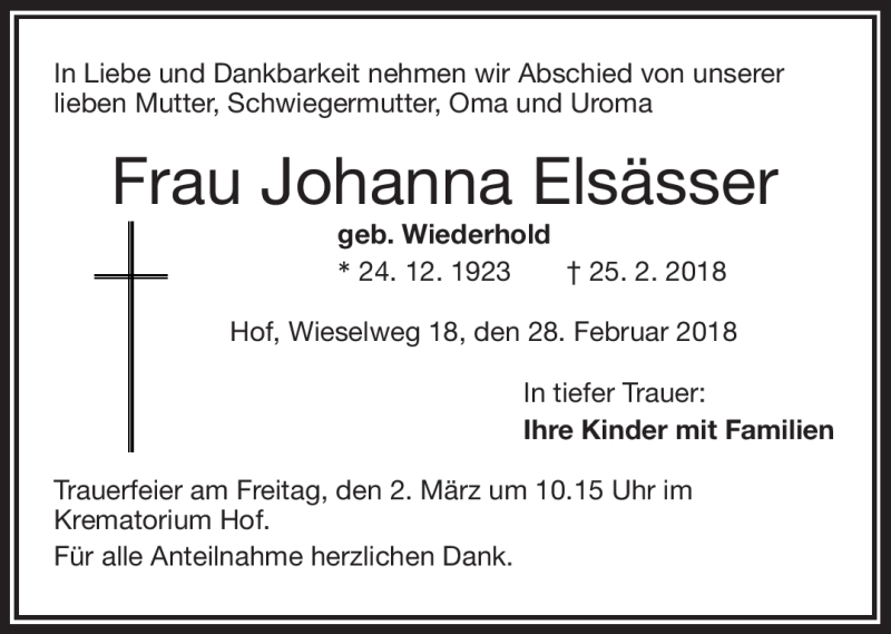 Traueranzeige für Johanna Elsässer vom 28.02.2018 aus Frankenpost