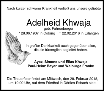 Traueranzeige von Adelheid Khwaja von Neue Presse Coburg