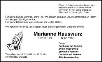 Traueranzeige von Marianne Hauswurz von Frankenpost