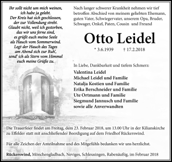 Traueranzeige von Otto Leidel von Südthüringer Presse