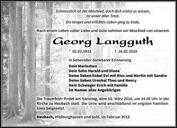 Traueranzeige von Georg Langguth von Südthüringer Presse