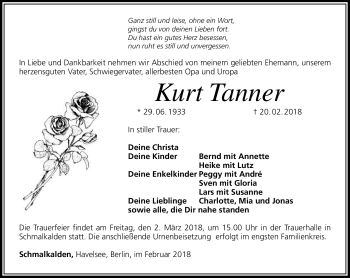 Traueranzeige von Kurt Tanner von Südthüringer Presse