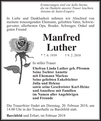 Traueranzeige von Manfred Luther von Südthüringer Presse