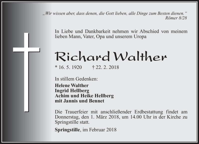  Traueranzeige für Richard Walther vom 27.02.2018 aus Südthüringer Presse