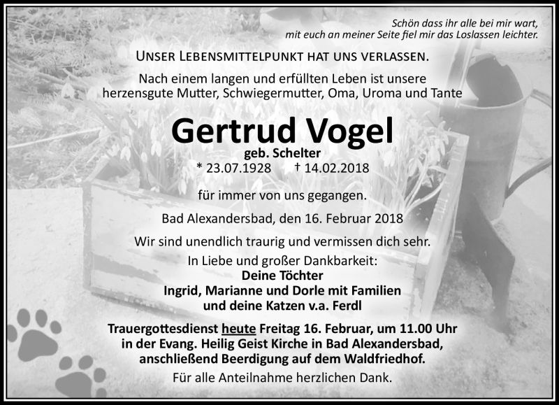  Traueranzeige für Gertrud Vogel vom 16.02.2018 aus Frankenpost