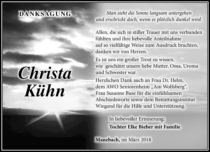  Traueranzeige für Christa Kühn vom 24.03.2018 aus Südthüringer Presse