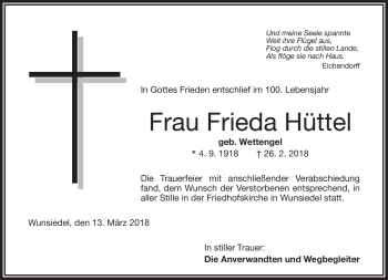 Traueranzeige von Frieda Hüttel von Frankenpost