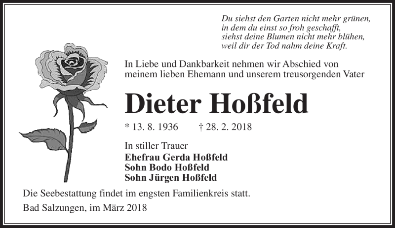  Traueranzeige für Dieter Hoßfeld vom 10.03.2018 aus Südthüringer Presse