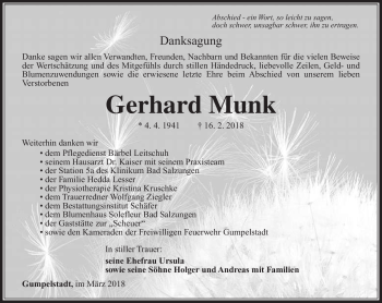 Traueranzeige von Gerhard Munk von Südthüringer Presse