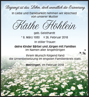 Traueranzeige von Käthe Höhlein von Südthüringer Presse