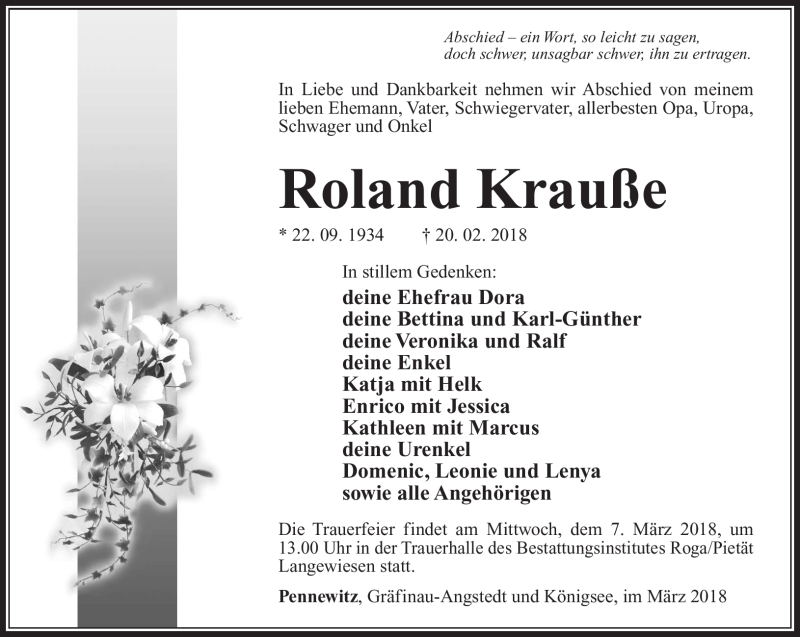  Traueranzeige für Roland Krauße vom 03.03.2018 aus Südthüringer Presse