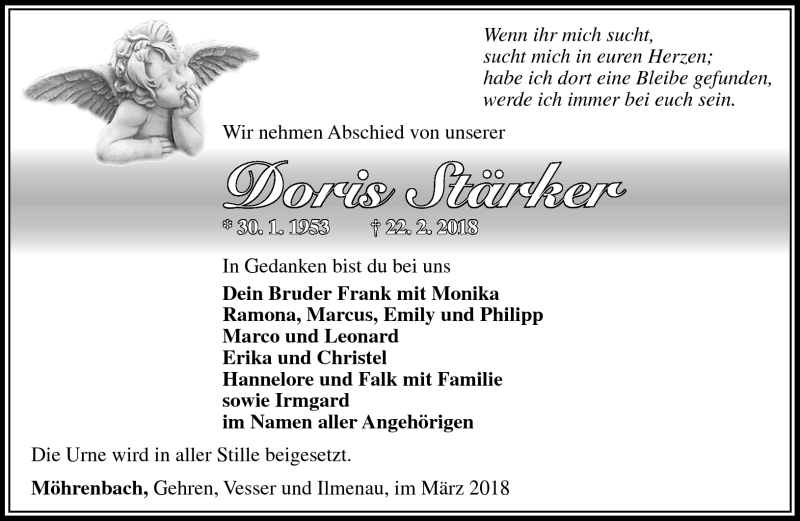  Traueranzeige für Doris Stärker vom 03.03.2018 aus Südthüringer Presse