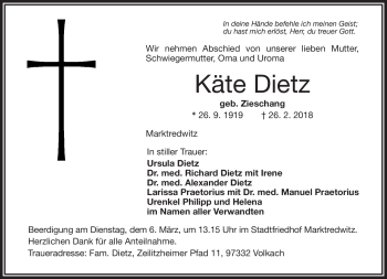 Traueranzeige von Käte Dietz von Frankenpost