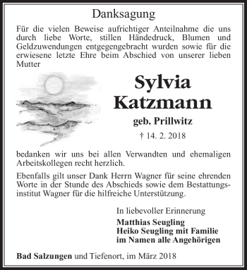 Traueranzeige von Sylvia Katzmann von Südthüringer Presse