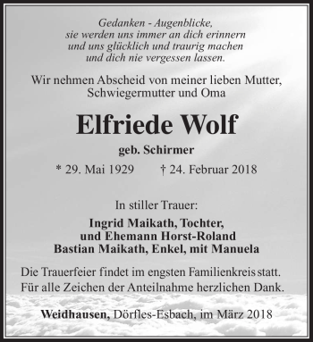 Traueranzeige von Elfriede Wolf von Südthüringer Presse