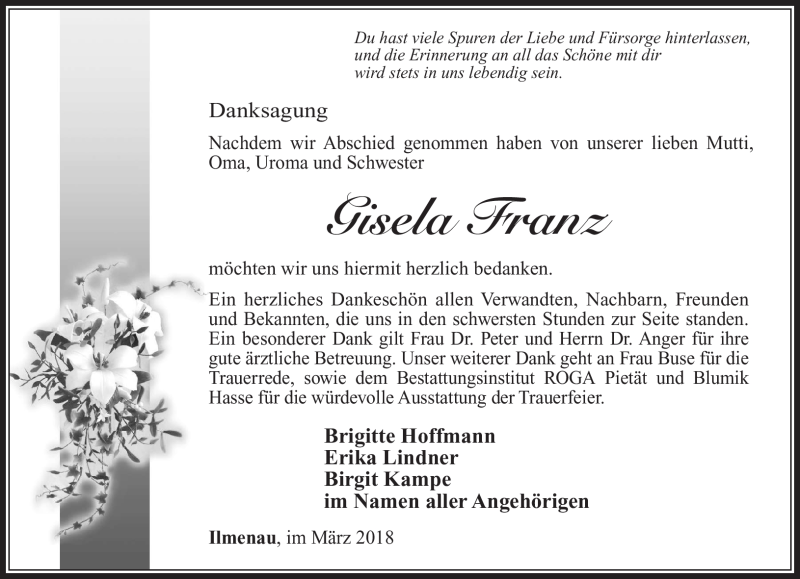  Traueranzeige für Gisela Franz vom 03.03.2018 aus Südthüringer Presse