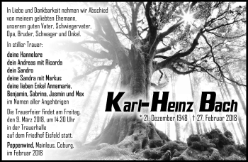 Traueranzeige von Karl-Heinz Bach von Südthüringer Presse