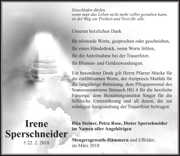 Traueranzeige von Irene Sperschneider von Südthüringer Presse