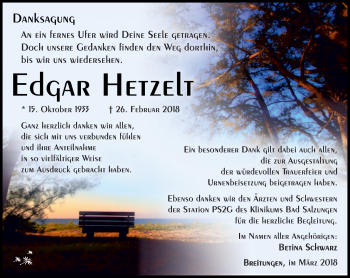 Traueranzeige von Edgar Hetzelt von Südthüringer Presse