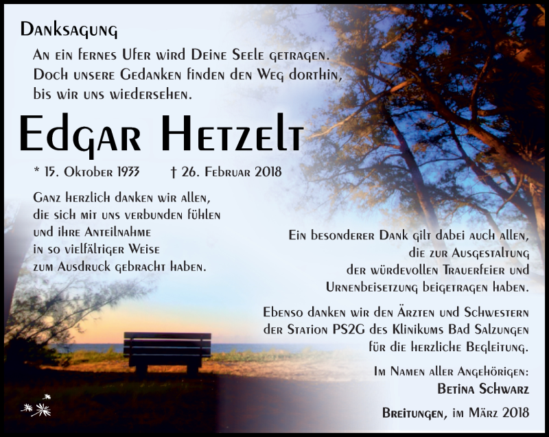  Traueranzeige für Edgar Hetzelt vom 17.03.2018 aus Südthüringer Presse