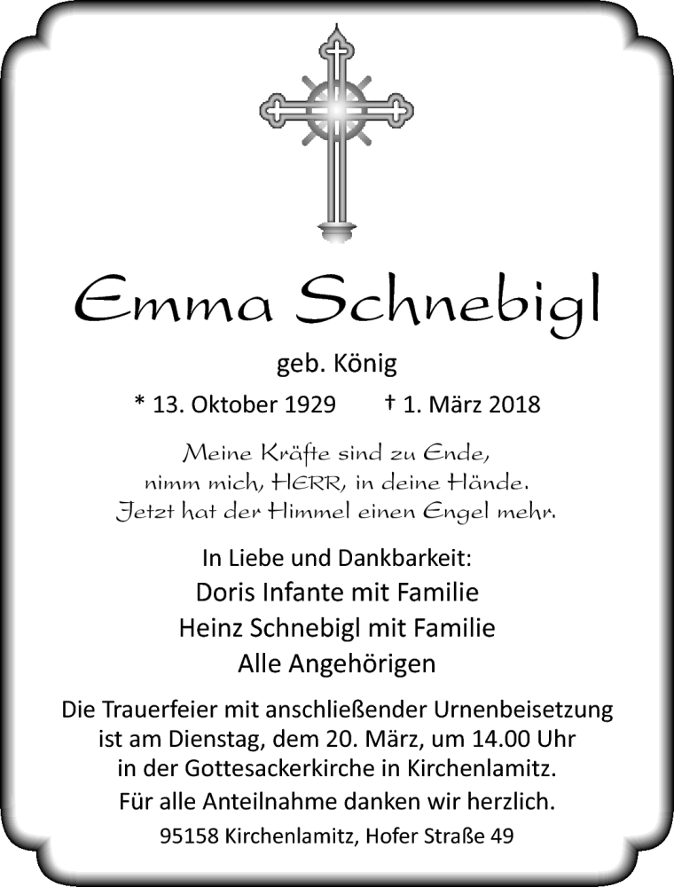  Traueranzeige für Emma Schnebigl vom 17.03.2018 aus Frankenpost