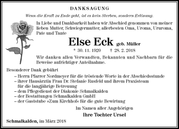Traueranzeige von Else Eck von Südthüringer Presse