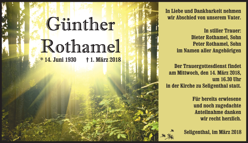  Traueranzeige für Günther Rothamel vom 10.03.2018 aus Südthüringer Presse