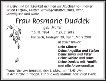 Traueranzeige von Rosmarie Duddek von Frankenpost