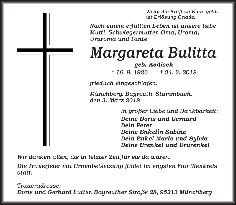  Traueranzeige für Margareta Bulitta vom 03.03.2018 aus Frankenpost