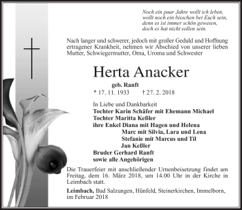 Traueranzeige von Herta Anacker von Südthüringer Presse