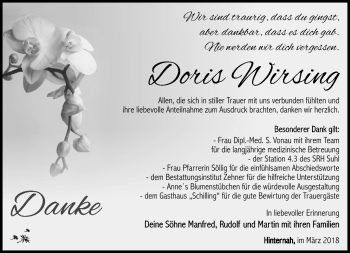 Traueranzeige von Doris Wirsing von Südthüringer Presse